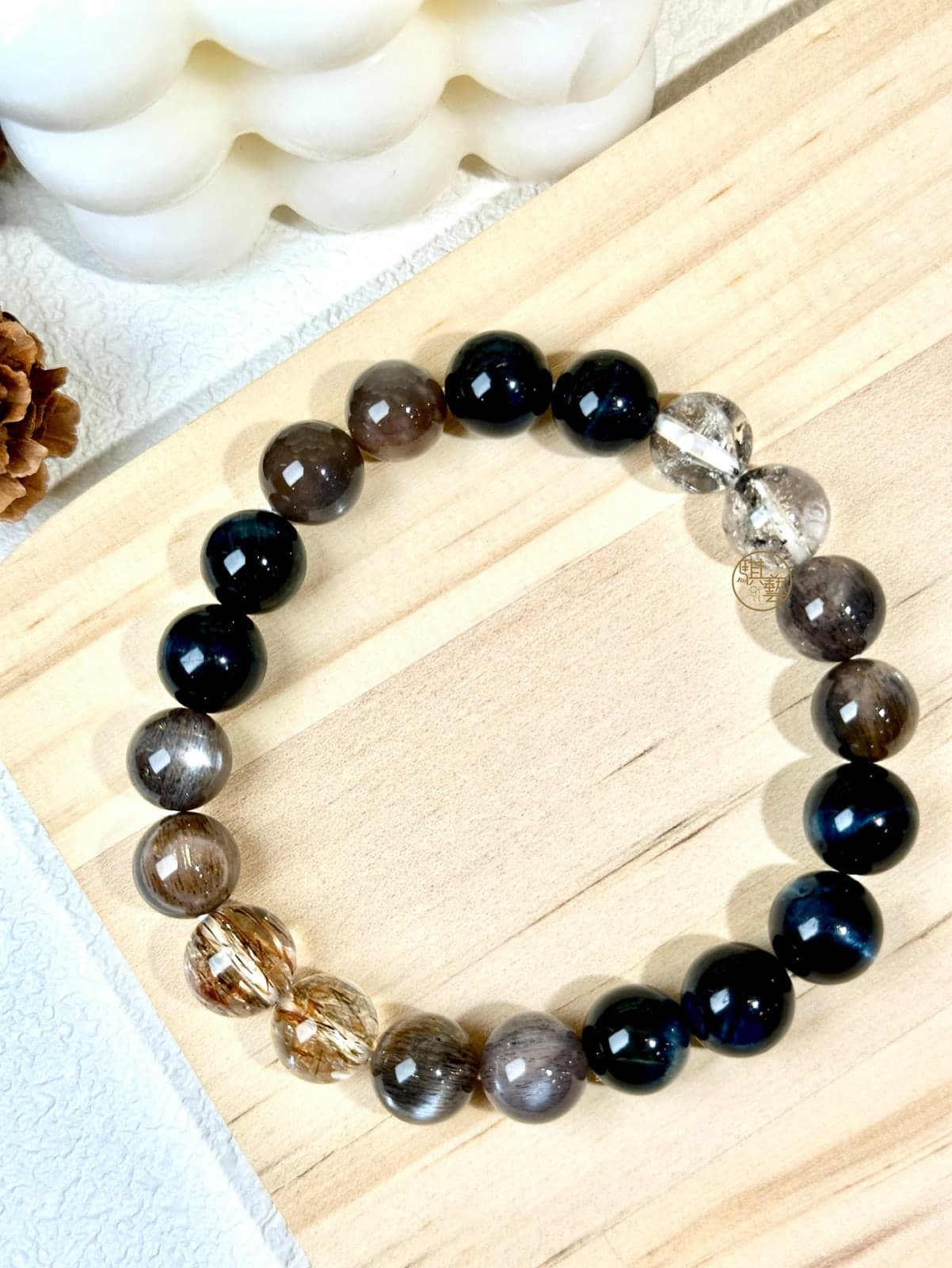 Blue Tiger's Eye × Black-Gold Elestial Quartz × Black Herkimer Diamond