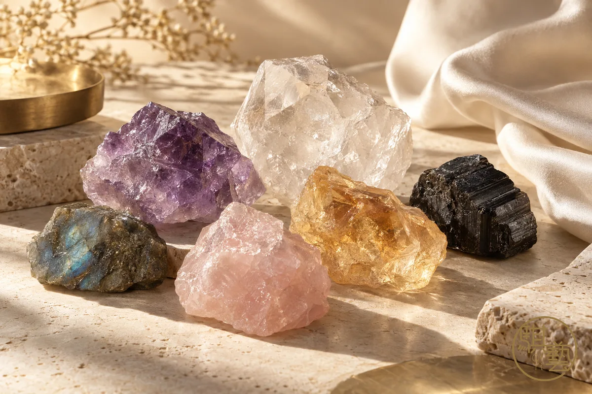 2026屬狗適合戴什麼水晶——虎眼石、紫水晶、月光石與黑曜石手鏈平鋪展示