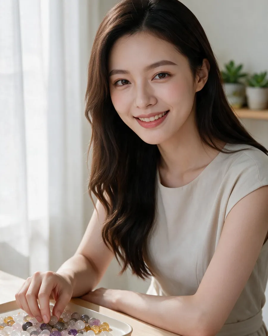 AI 顧問小騏坐在桌前挑選珠子（AI 形象照）
