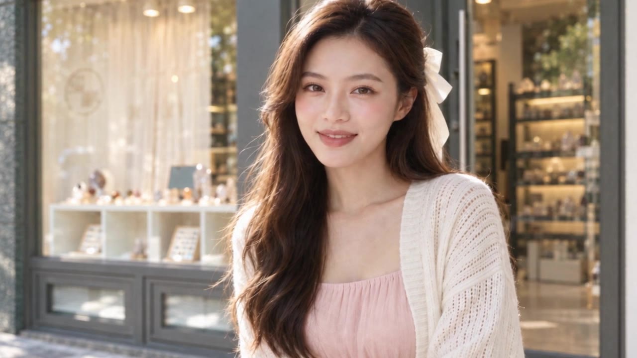 Kiki smiling in the sunlight outside Qi Yi Crystal (AI-generated character)